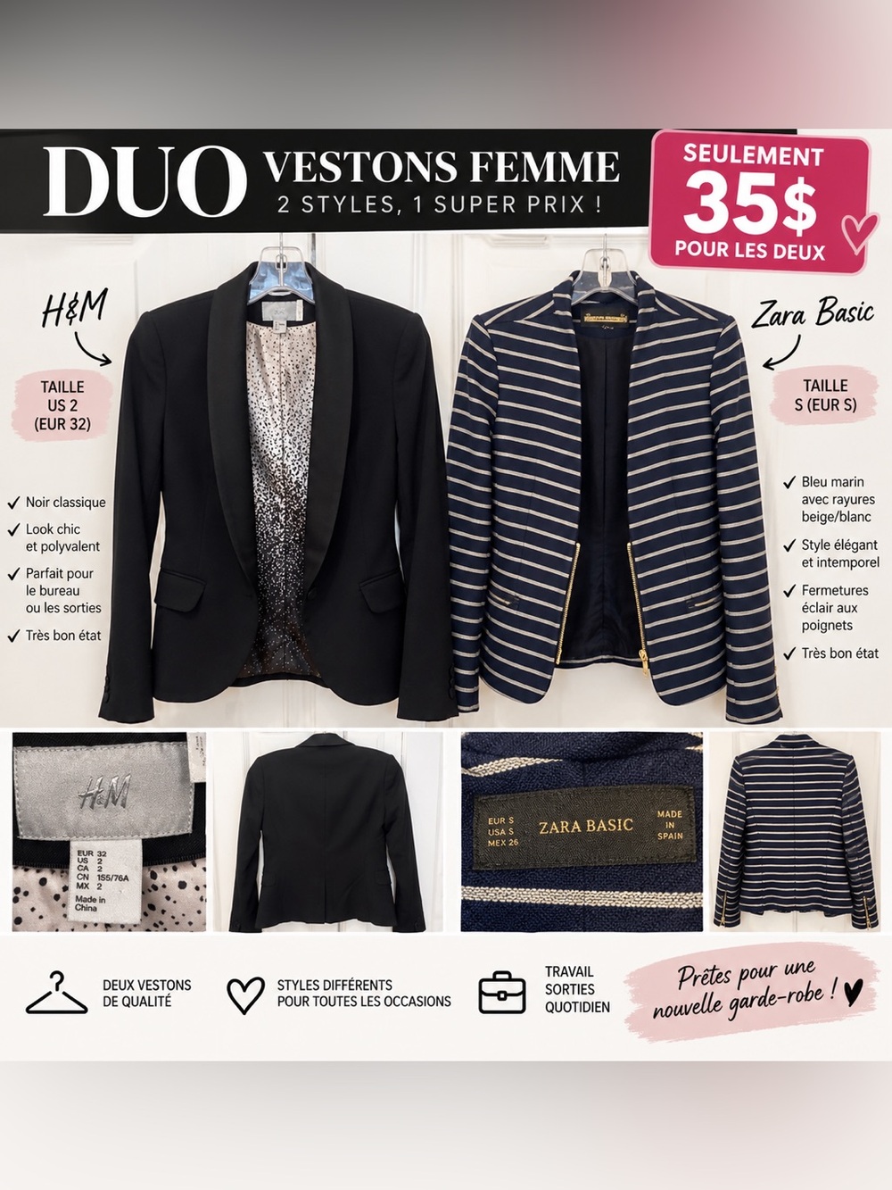 H&M Black Tailored Blazer & Zara Navy Striped Jacket Duo